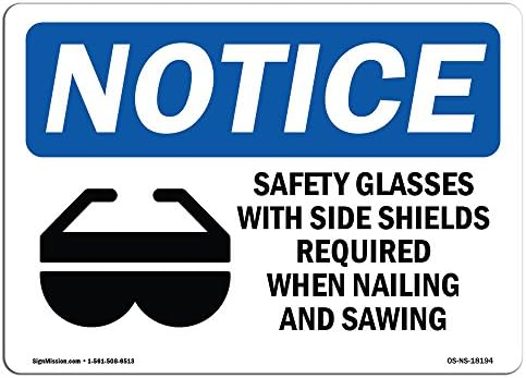 שלט הודעה על OSHA - משקפי בטיחות עם מגני צד | שלט פלסטיק קשיח | הגן על העסק שלך, אתר הבנייה, המחסן והחנות